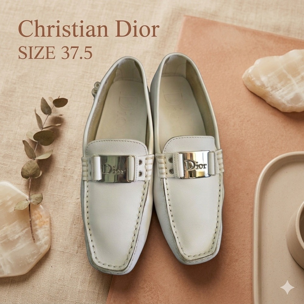 Christian Dior Quiet Luxury Leather Metal Logo Loafers Women Size 37.5